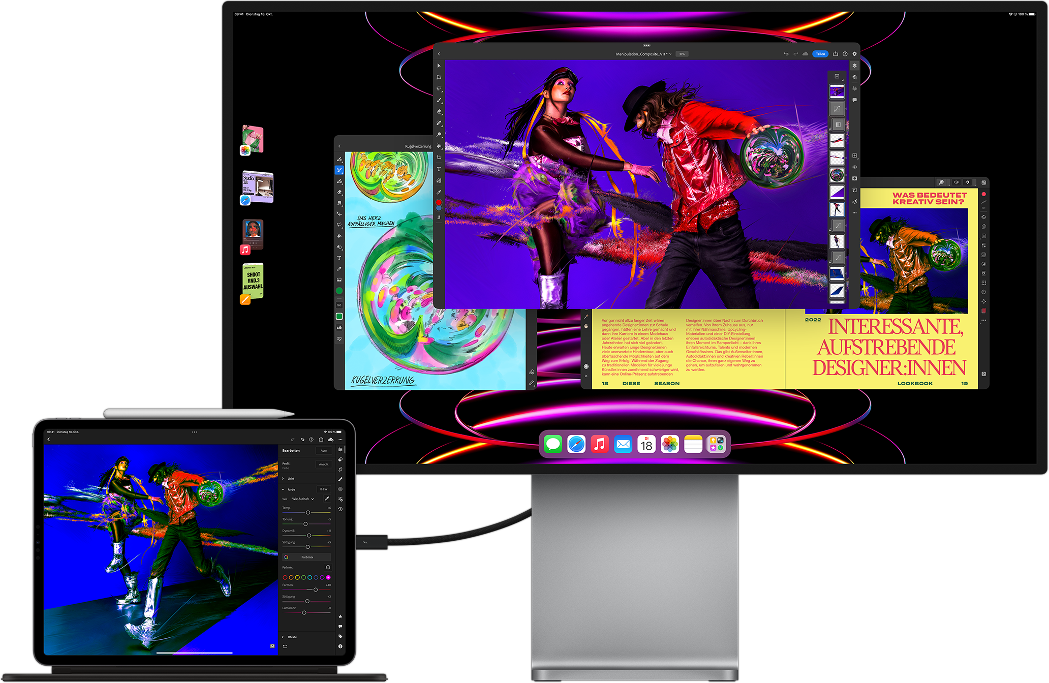 Ein iPad Pro mit der Adobe Lightroom App, die mit einem externen Display verbunden ist und Multitasking mit dem Stage Manager zeigt